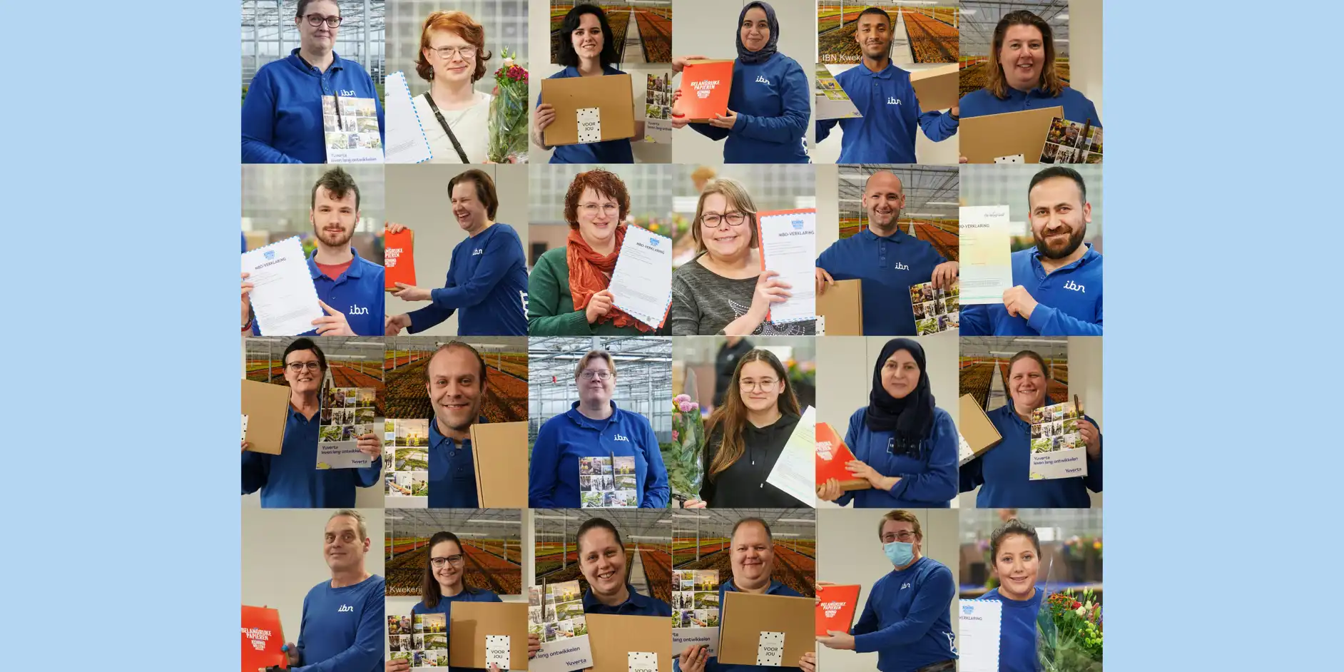 Collage foto's van medewerkers met een praktijkverklaring in hun handen.