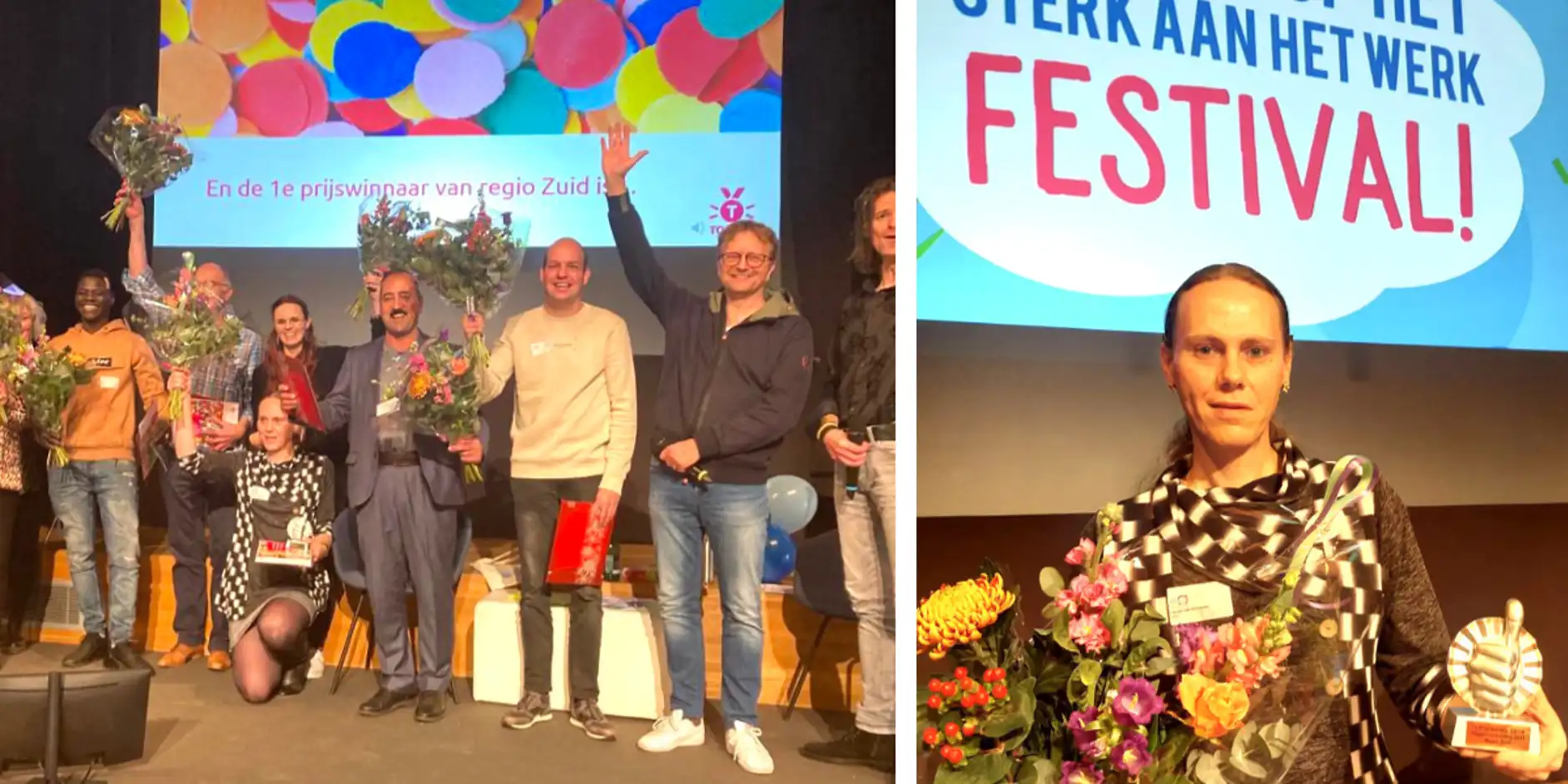 twee foto's, één met alle winnaars en de ander met alleen Laura met de prijs en een bos bloemen