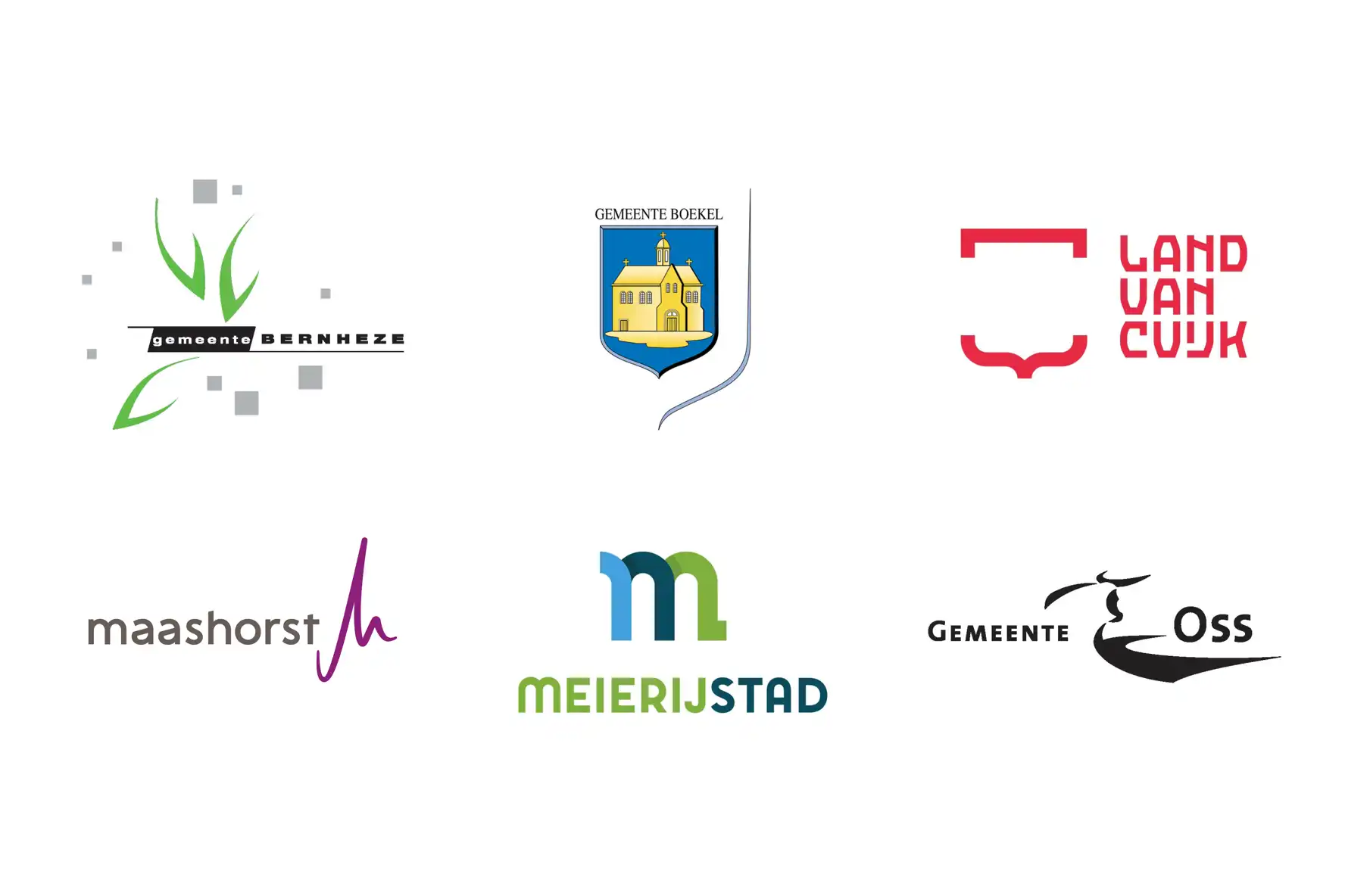 Logo's van de gemeenten Bernheze, Boekel, Land van Cuijk, Maashorst, Meierijstad en Oss